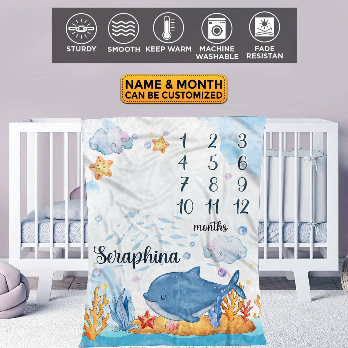 Personalized Dolphin Baby Monthly Milestone Blanket Newborn Boy Girl Unisex Neutral – Dolphin Blanket for Newborn