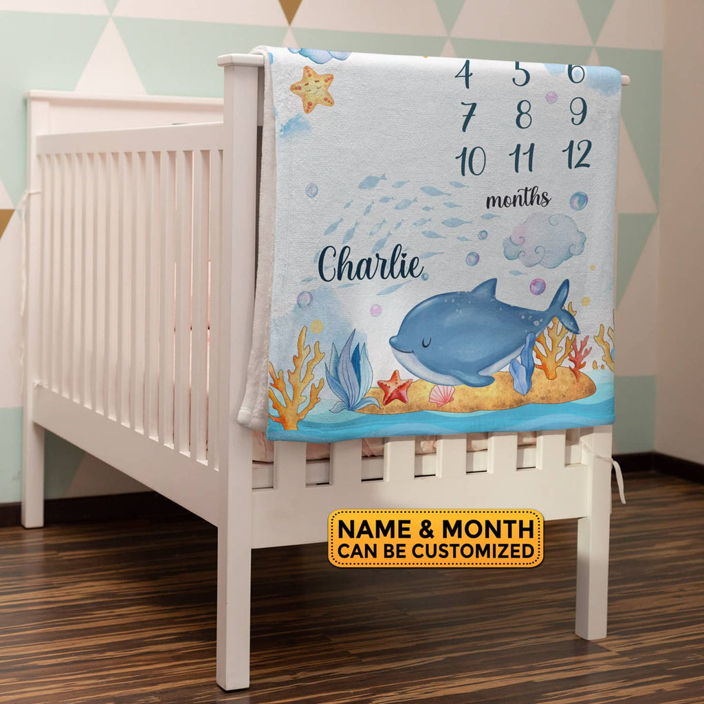 Personalized Dolphin Baby Monthly Milestone Blanket Newborn Boy Girl Unisex Neutral – Dolphin Blanket for Newborn