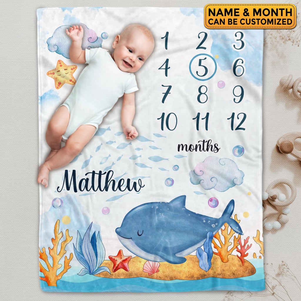 Personalized Dolphin Baby Monthly Milestone Blanket Newborn Boy Girl Unisex Neutral – Dolphin Blanket for Newborn