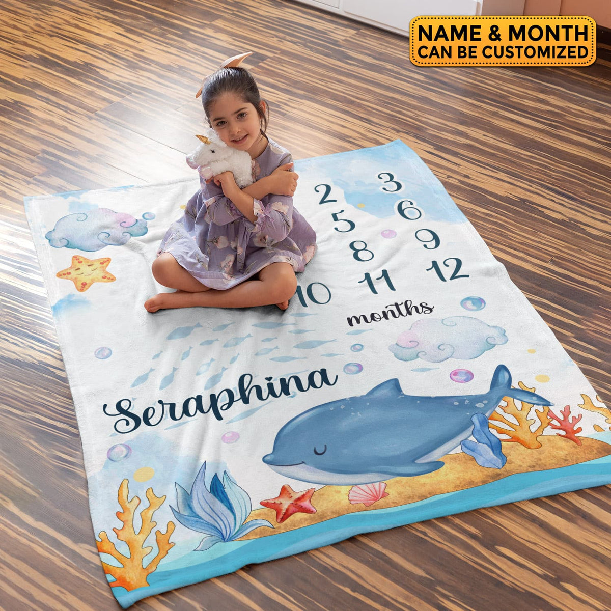 Personalized Dolphin Baby Monthly Milestone Blanket Newborn Boy Girl Unisex Neutral – Dolphin Blanket for Newborn