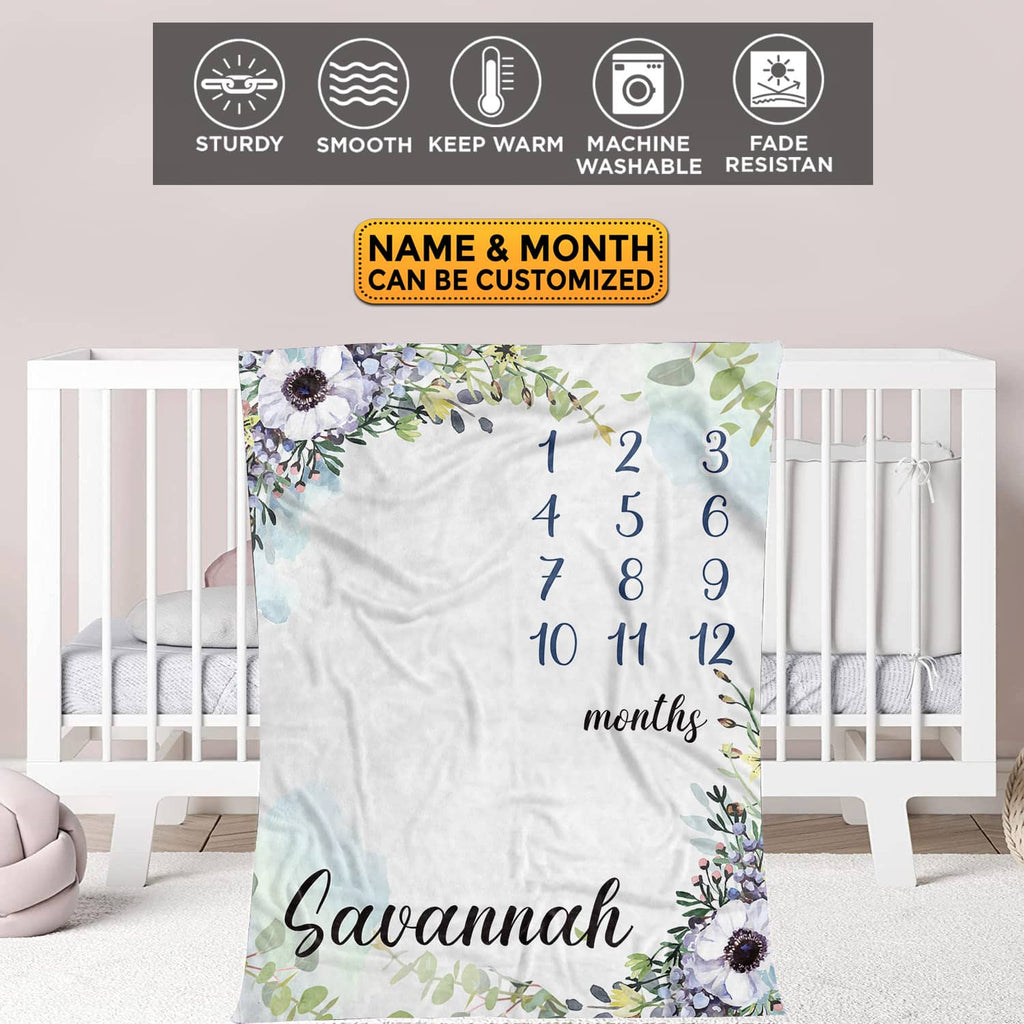 Personalized Flower Baby Monthly Milestone Blanket Newborn Girl Unisex Neutral – Princess Floral Blanket for Newborn