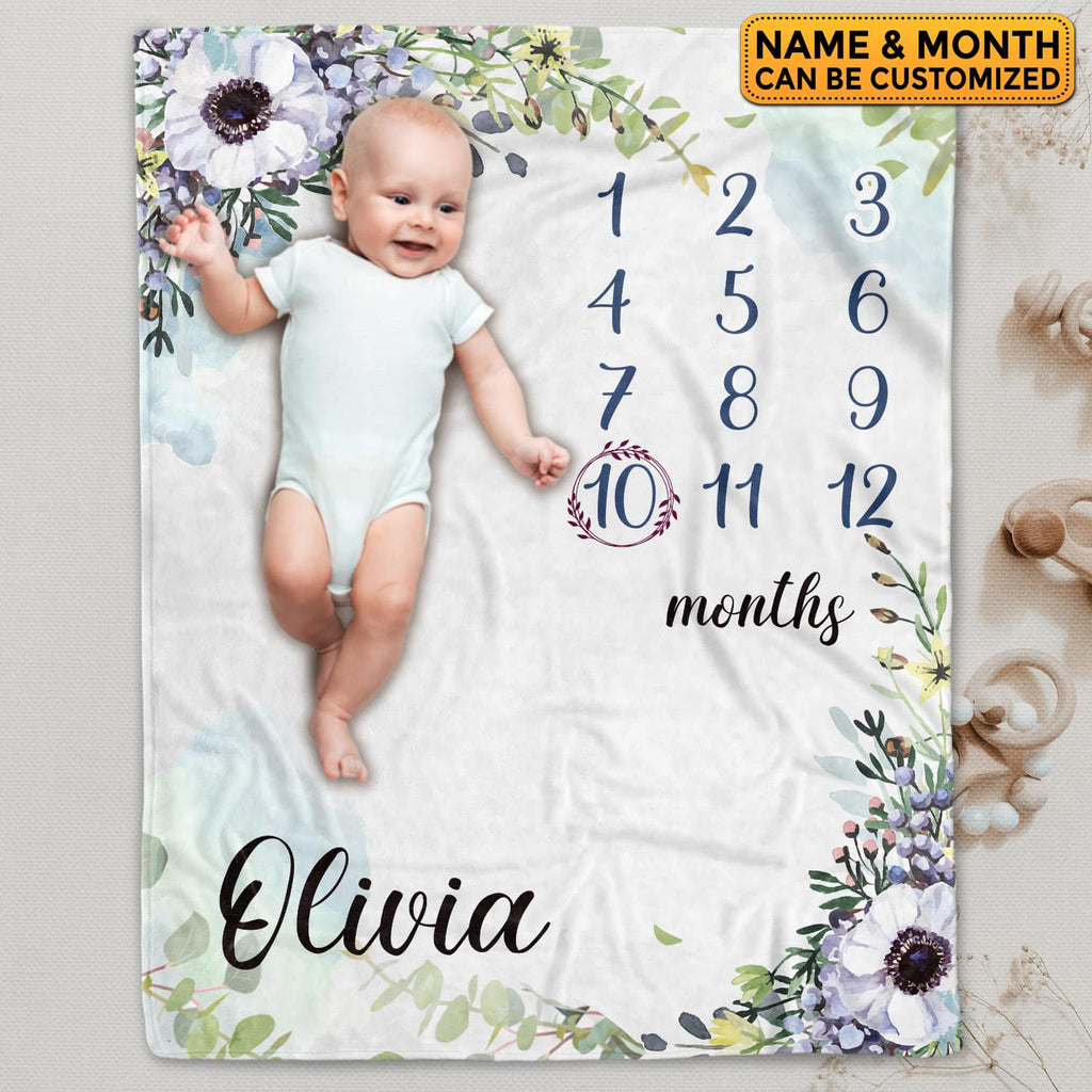 Personalized Flower Baby Monthly Milestone Blanket Newborn Girl Unisex Neutral – Princess Floral Blanket for Newborn