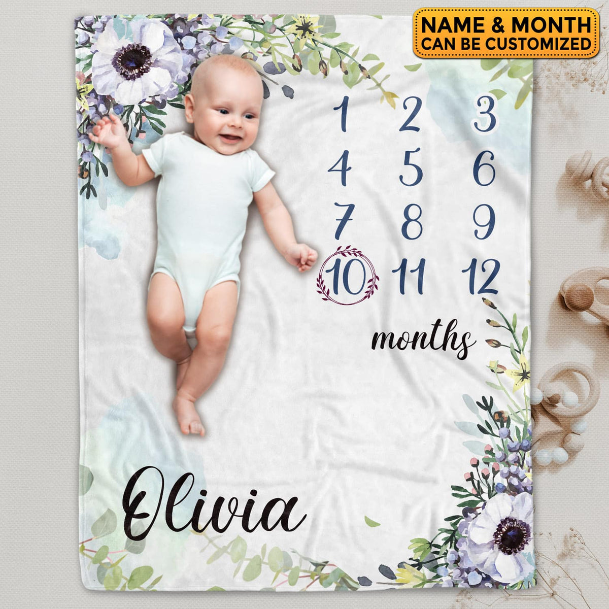 Personalized Flower Baby Monthly Milestone Blanket Newborn Girl Unisex Neutral – Princess Floral Blanket for Newborn