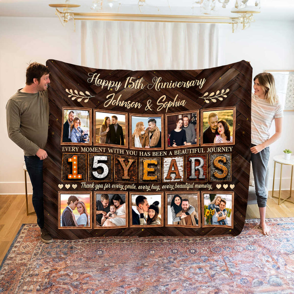 Personalized 15th Anniversary Photo Collage Blanket, Custom 15 Years Together Gift, 15th Wedding Anniversary Blanket, Couple Memory Keepsake