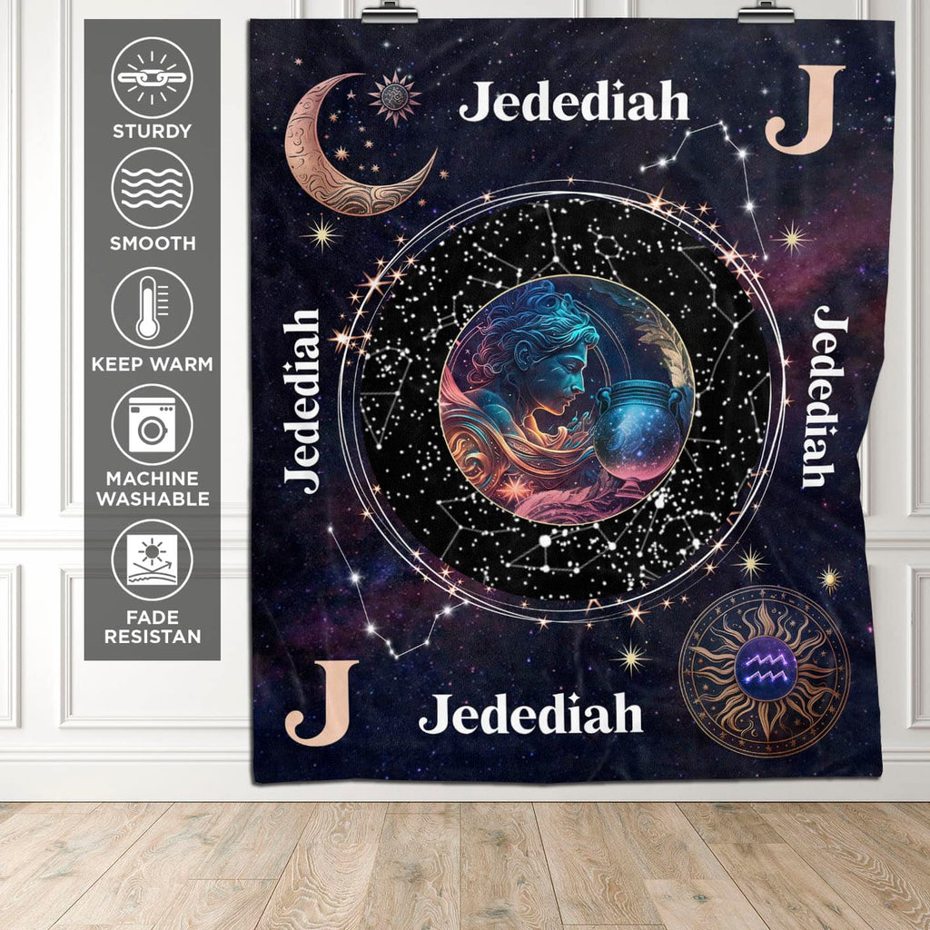 Personalized Aquarius Star Map Flannel Constellations Blanket Warm & Soft – 12 Horoscope Astrology Throw Blankets