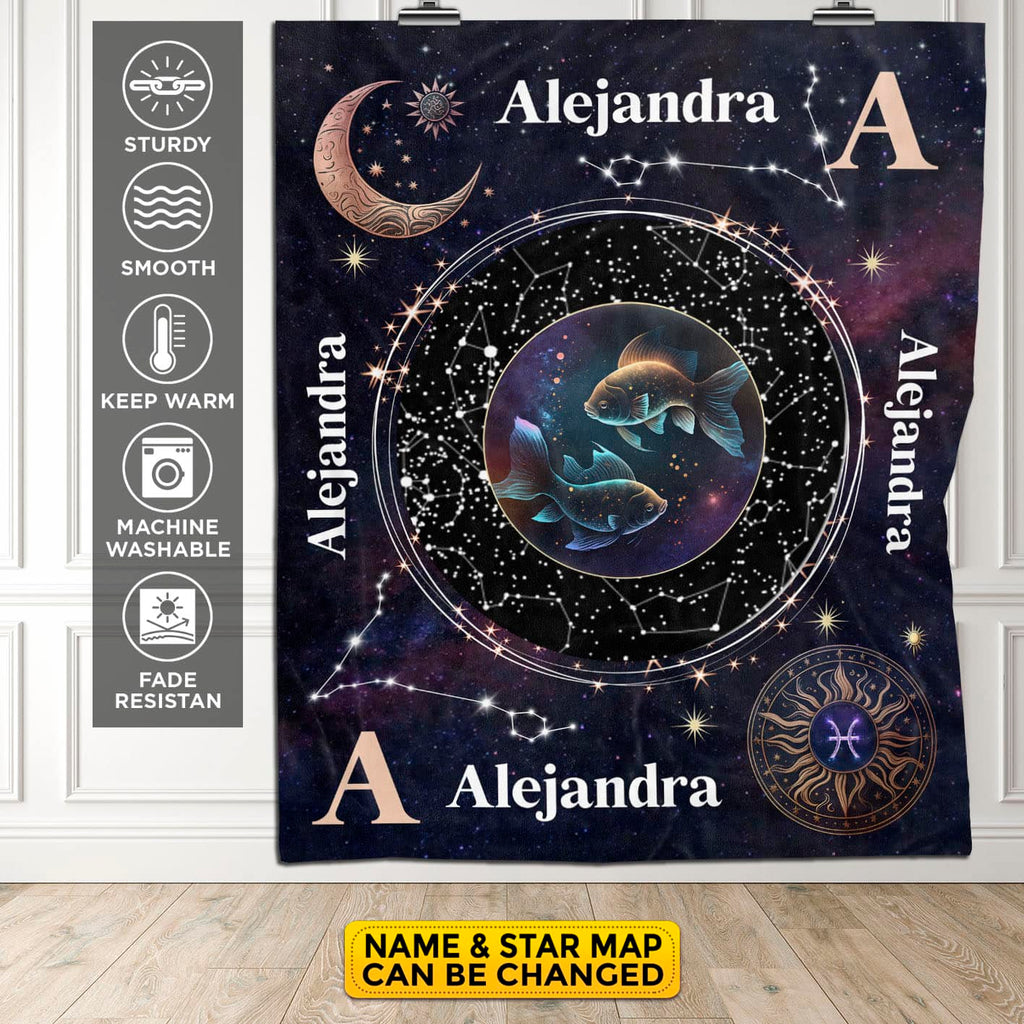 Personalized Pisces Star Map Flannel Constellations Blanket Warm & Soft – 12 Horoscope Astrology Throw Blankets