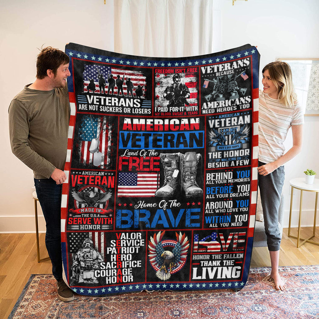 American Veteran Land Of The Free Fleece Blanket – Sherpa Blanket – Gifts For Veterans – Veteran Gifts For Men