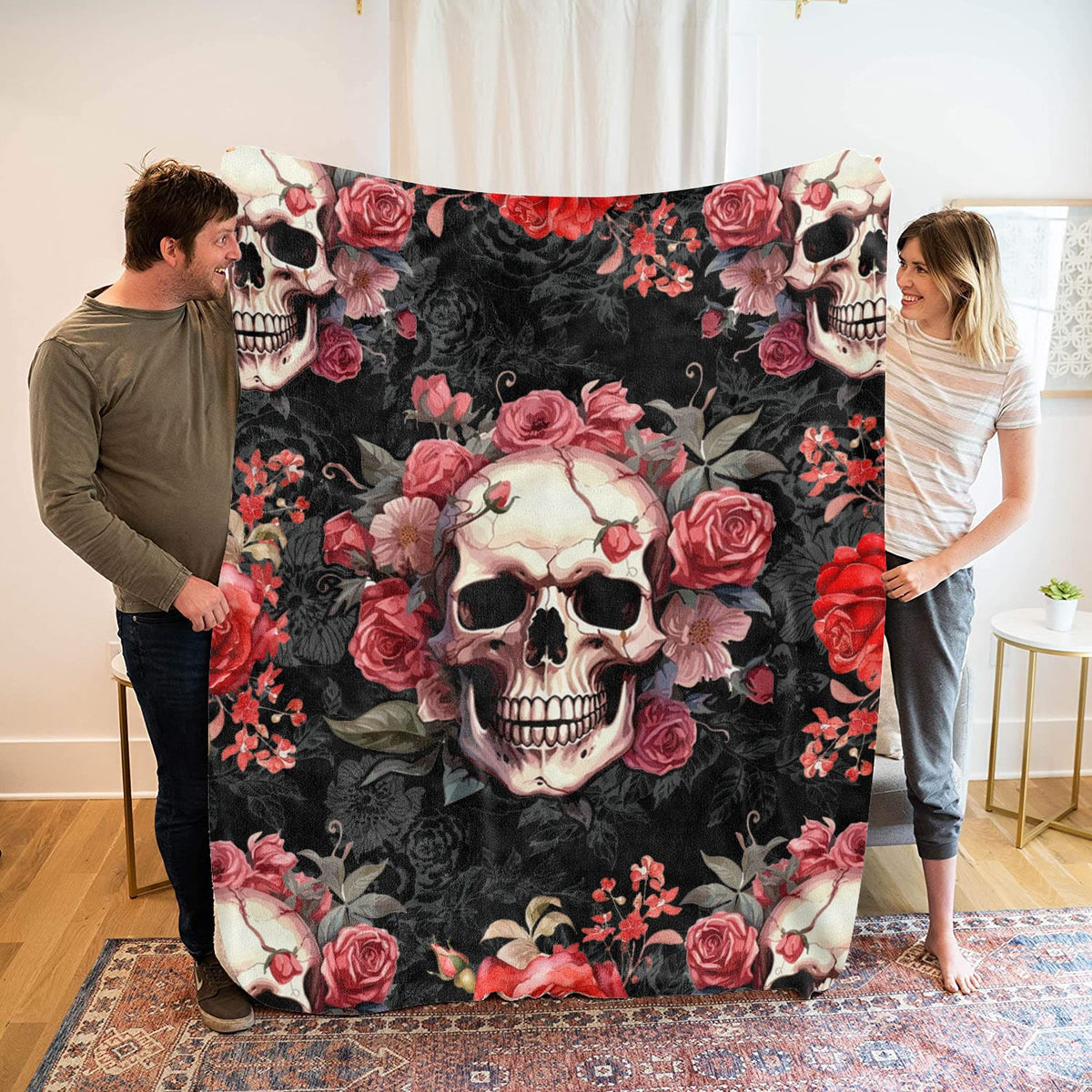 Fleece Bed Blanket Throw Blanket Skull Flower Rose Blanket for Women Girl Skull Plush Blanket for Bed Couch Sofa Chair Office