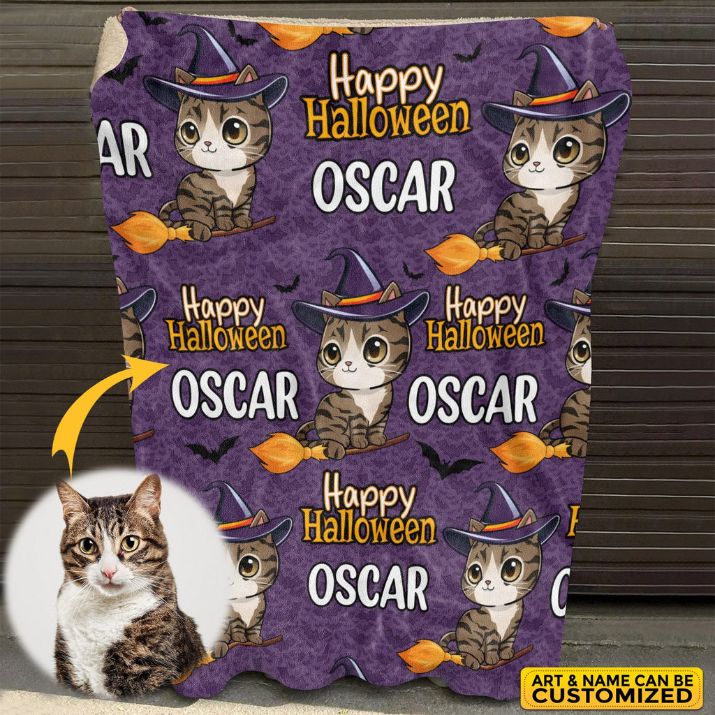 Custom Drawing Cat Halloween Throw Blanket – Portrait Cat Happy Halloween Gift Blanket