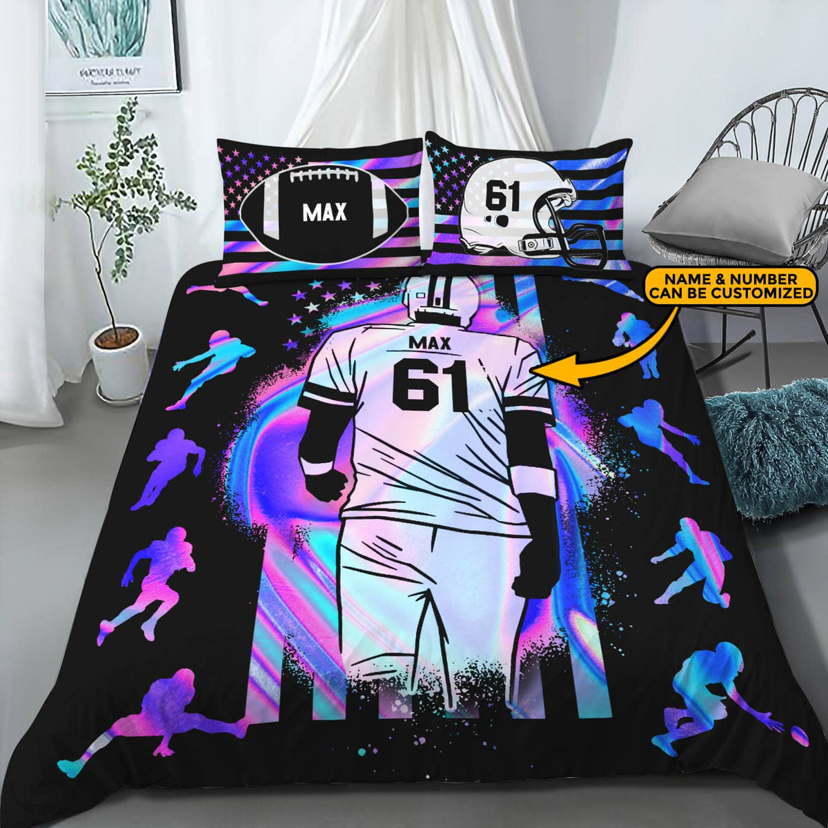 Personalized Football American Flag Custom Bedding Set – Pillow and Duvet Cover – Custom Football Lover Gifts