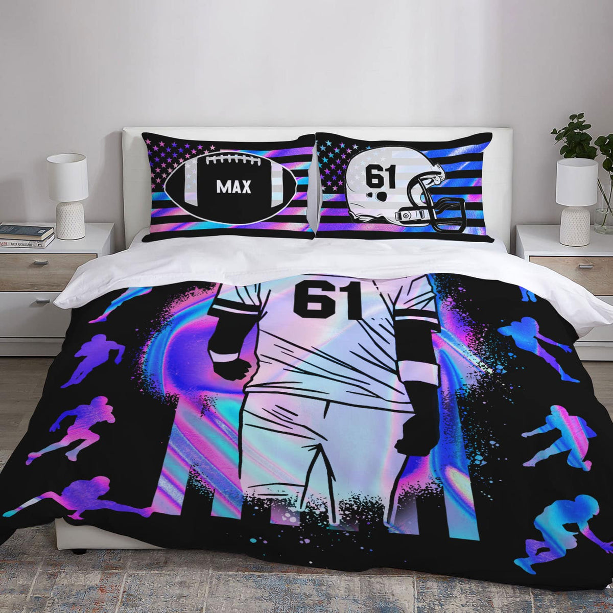 Personalized Football American Flag Custom Bedding Set – Pillow and Duvet Cover – Custom Football Lover Gifts