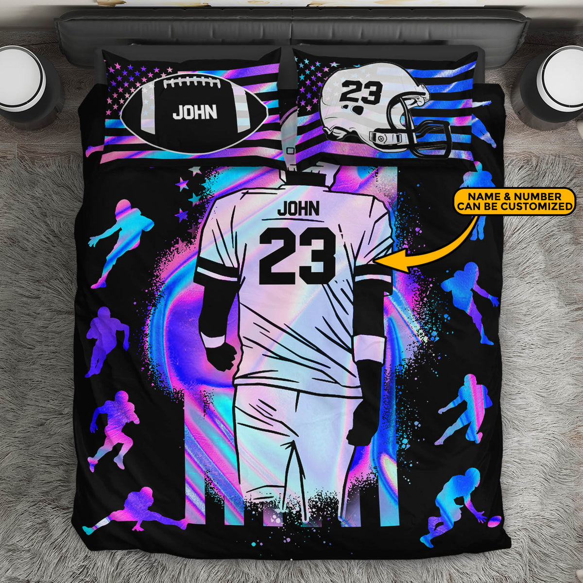 Personalized Football American Flag Custom Bedding Set – Pillow and Duvet Cover – Custom Football Lover Gifts