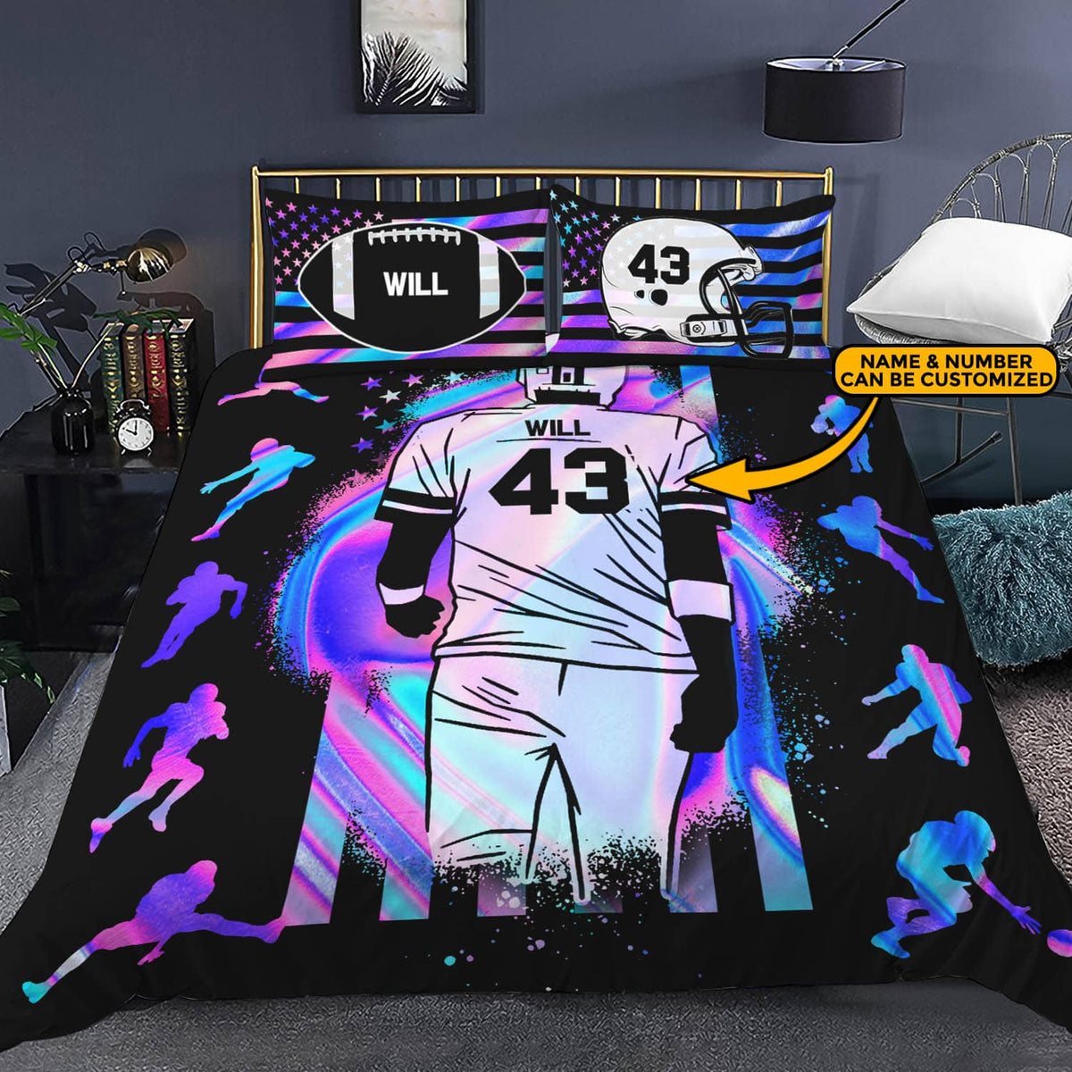 Personalized Football American Flag Custom Bedding Set – Pillow and Duvet Cover – Custom Football Lover Gifts