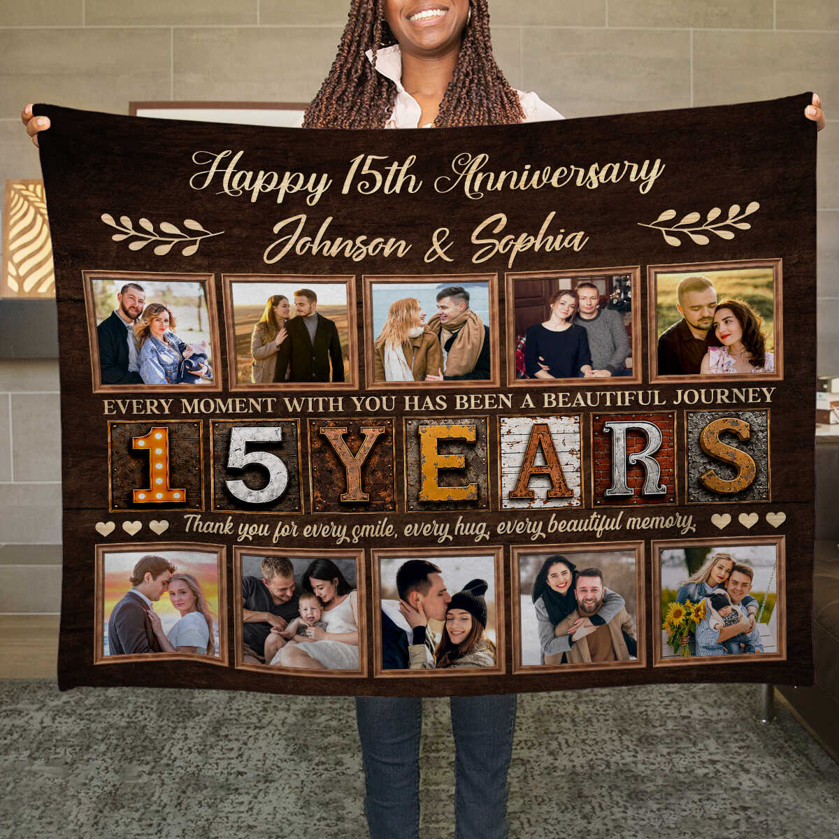 Personalized 15th Anniversary Photo Collage Blanket, Custom 15 Years Together Gift, 15th Wedding Anniversary Blanket, Couple Memory Keepsake