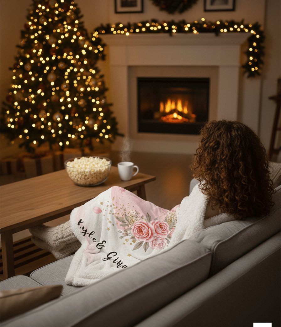Personalized Watercolor Pink Heart Blanket Velveteen Plush Throw Floral Valentine Gift