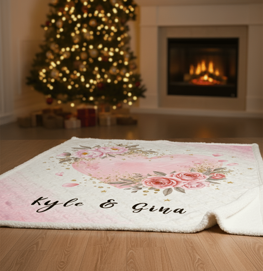 Personalized Watercolor Pink Heart Blanket Velveteen Plush Throw Floral Valentine Gift