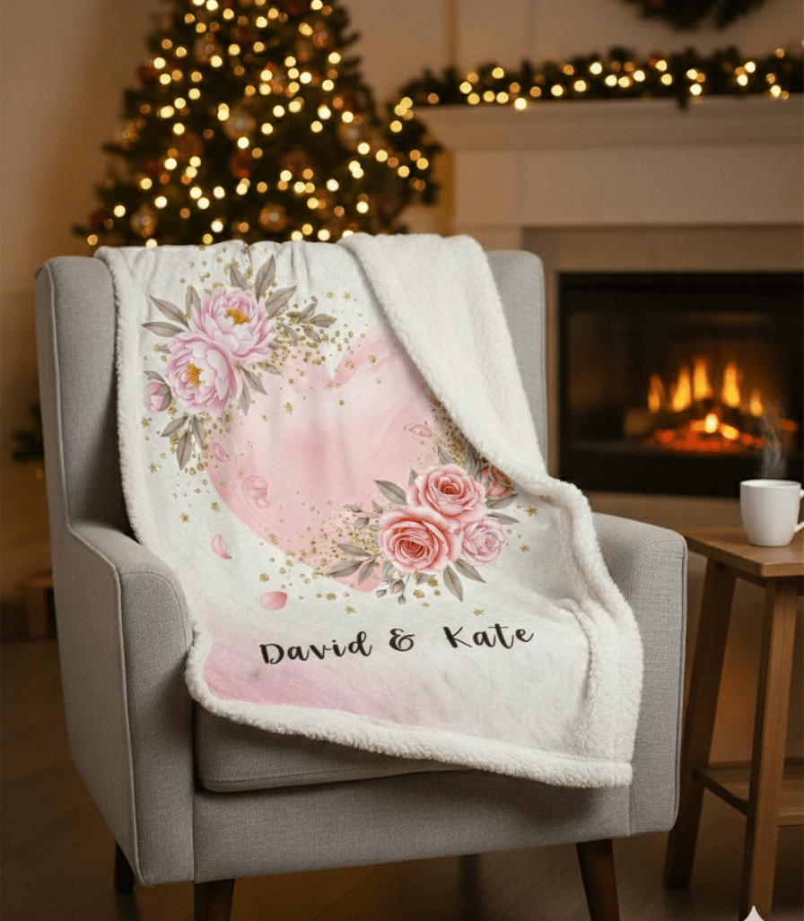 Personalized Watercolor Pink Heart Blanket Velveteen Plush Throw Floral Valentine Gift