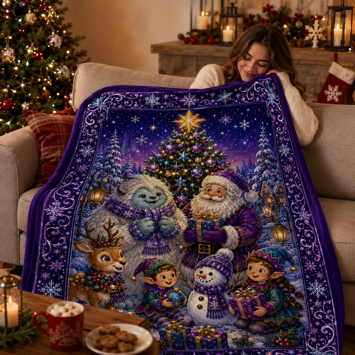 Whimsical Christmas Fantasy Blanket – Santa, Yeti, Reindeer, Elves & Snowman Winter Holiday Throw