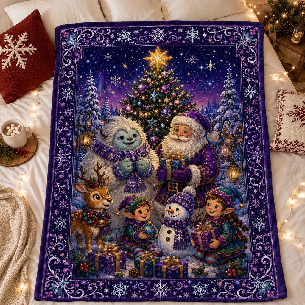 Whimsical Christmas Fantasy Blanket – Santa, Yeti, Reindeer, Elves & Snowman Winter Holiday Throw