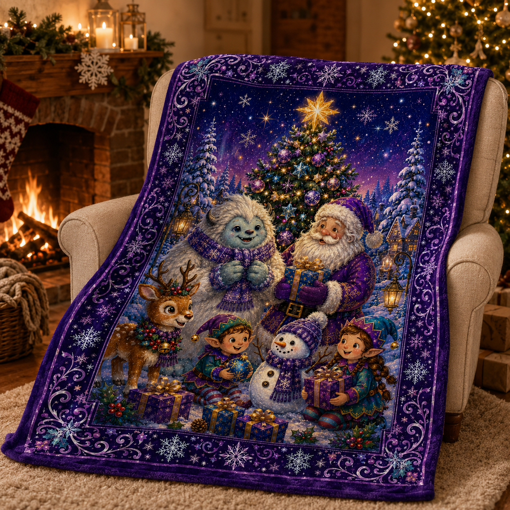 Whimsical Christmas Fantasy Blanket – Santa, Yeti, Reindeer, Elves & Snowman Winter Holiday Throw