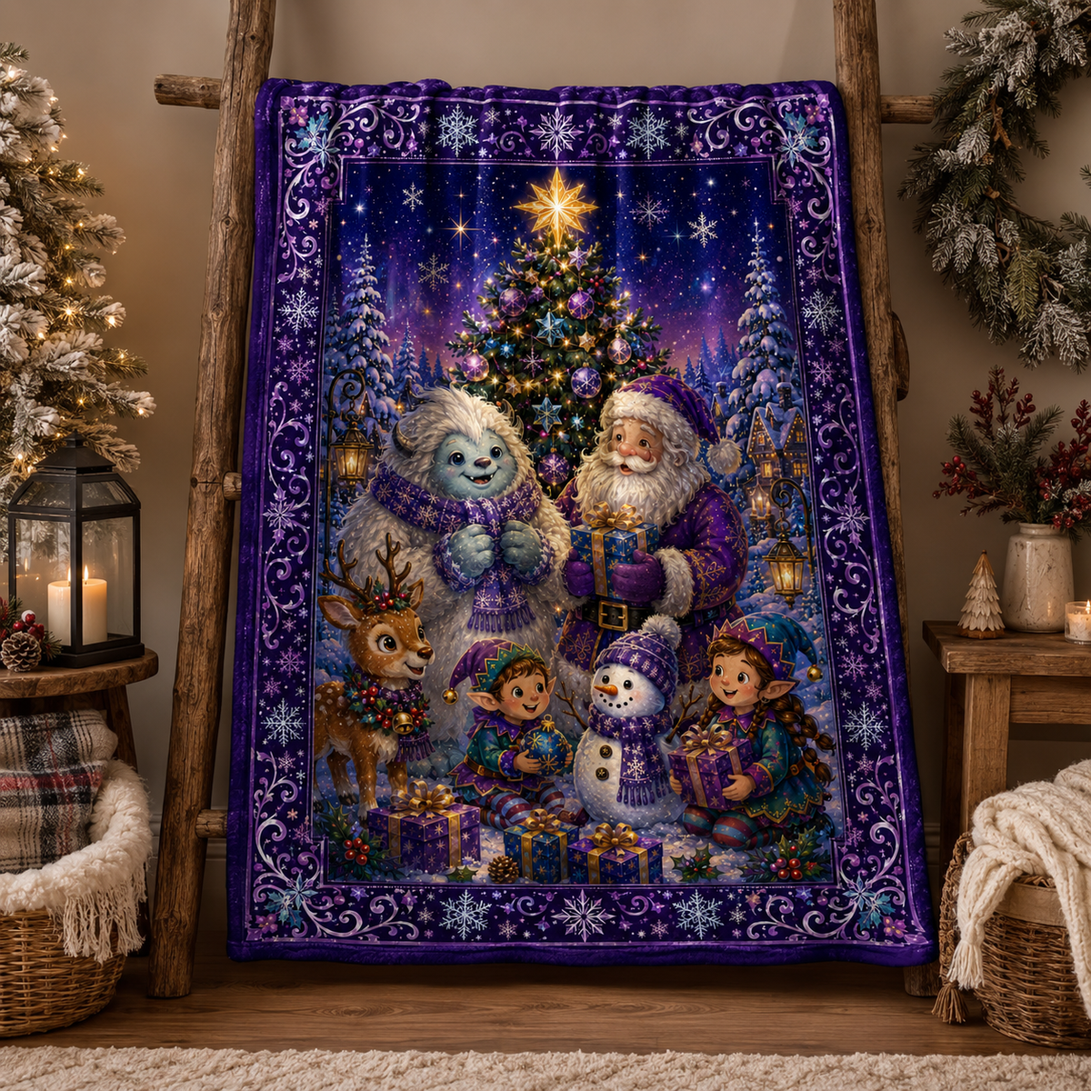 Whimsical Christmas Fantasy Blanket – Santa, Yeti, Reindeer, Elves & Snowman Winter Holiday Throw
