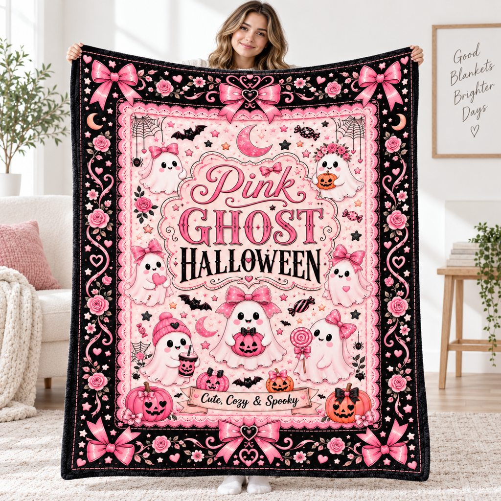 Pink Ghost Halloween Blanket, Cute Spooky Coquette Throw Blanket, Pink Bow Ghost Fleece Blanket, Girly Halloween Home Decor
