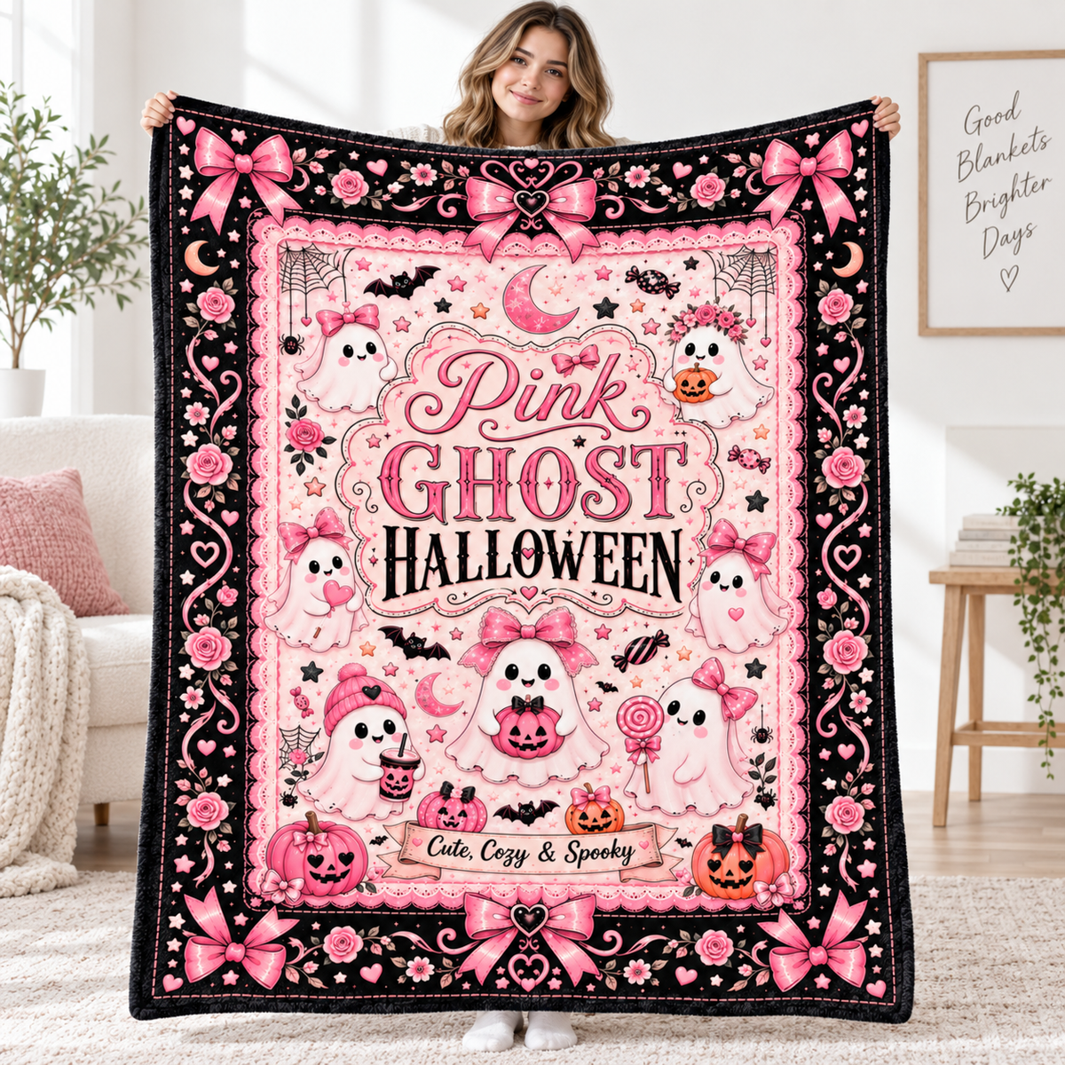 Pink Ghost Halloween Blanket, Cute Spooky Coquette Throw Blanket, Pink Bow Ghost Fleece Blanket, Girly Halloween Home Decor