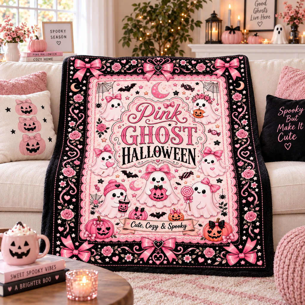 Pink Ghost Halloween Blanket, Cute Spooky Coquette Throw Blanket, Pink Bow Ghost Fleece Blanket, Girly Halloween Home Decor