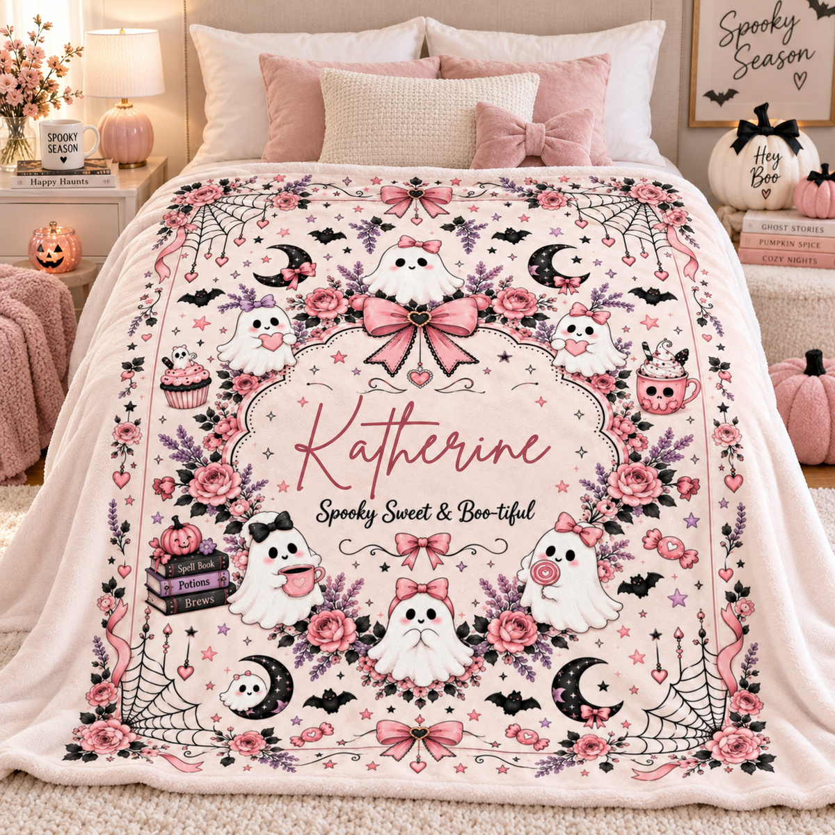 Personalized Pink Ghost Halloween Blanket, Custom Name Spooky Coquette Throw, Cute Ghost Fleece Blanket, Halloween Gift for Her