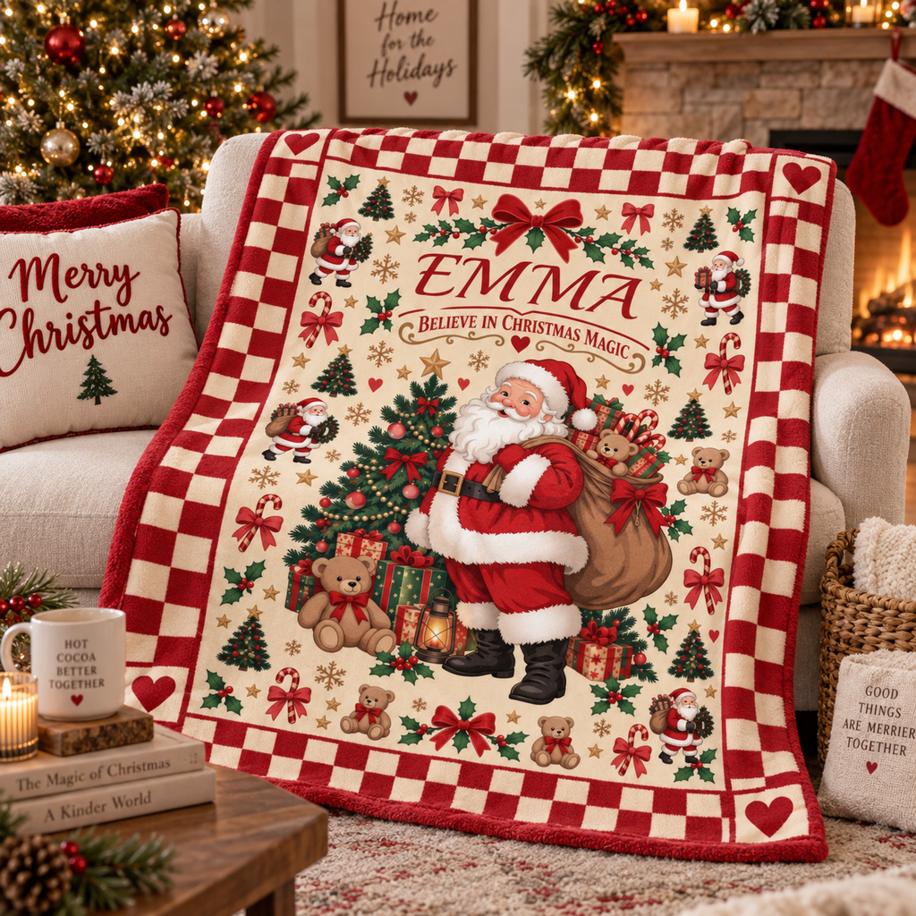 Personalized Vintage Santa Christmas Blanket, Custom Name Believe in Christmas Magic Throw, Retro Santa Fleece Blanket, Christmas Gift for Kids