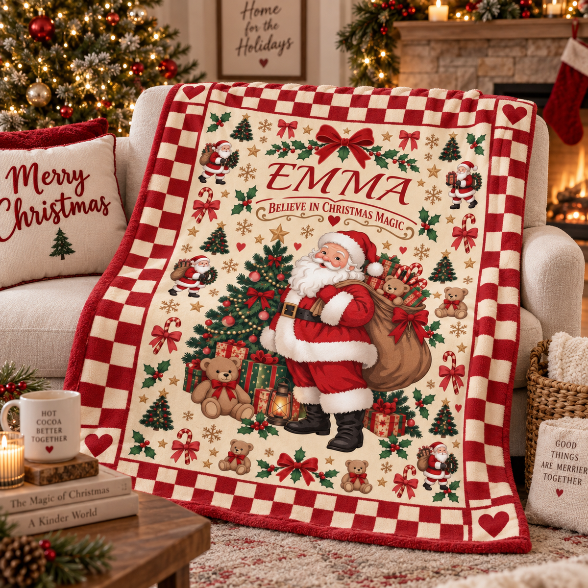 Personalized Vintage Santa Christmas Blanket, Custom Name Believe in Christmas Magic Throw, Retro Santa Fleece Blanket, Christmas Gift for Kids