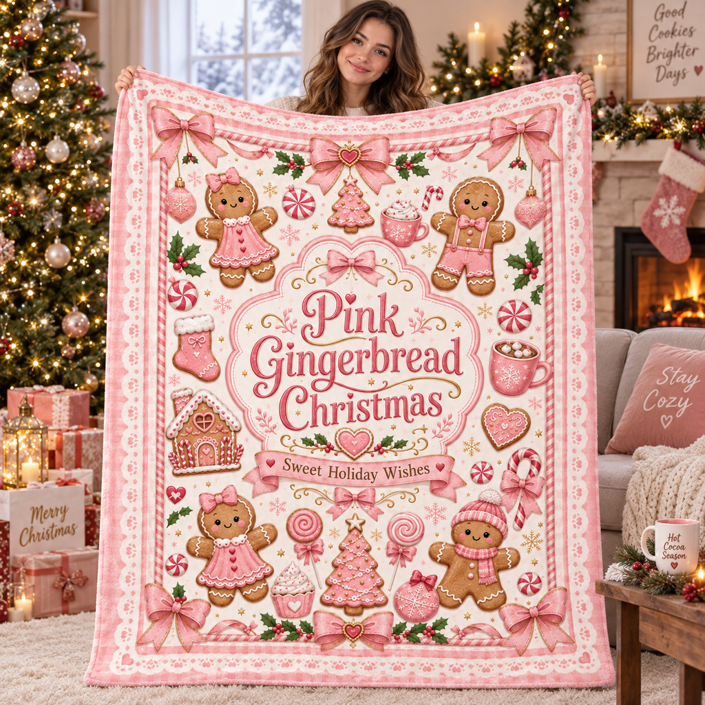Pink Gingerbread Christmas Blanket, Cute Coquette Holiday Throw Blanket, Pink Christmas Fleece Blanket