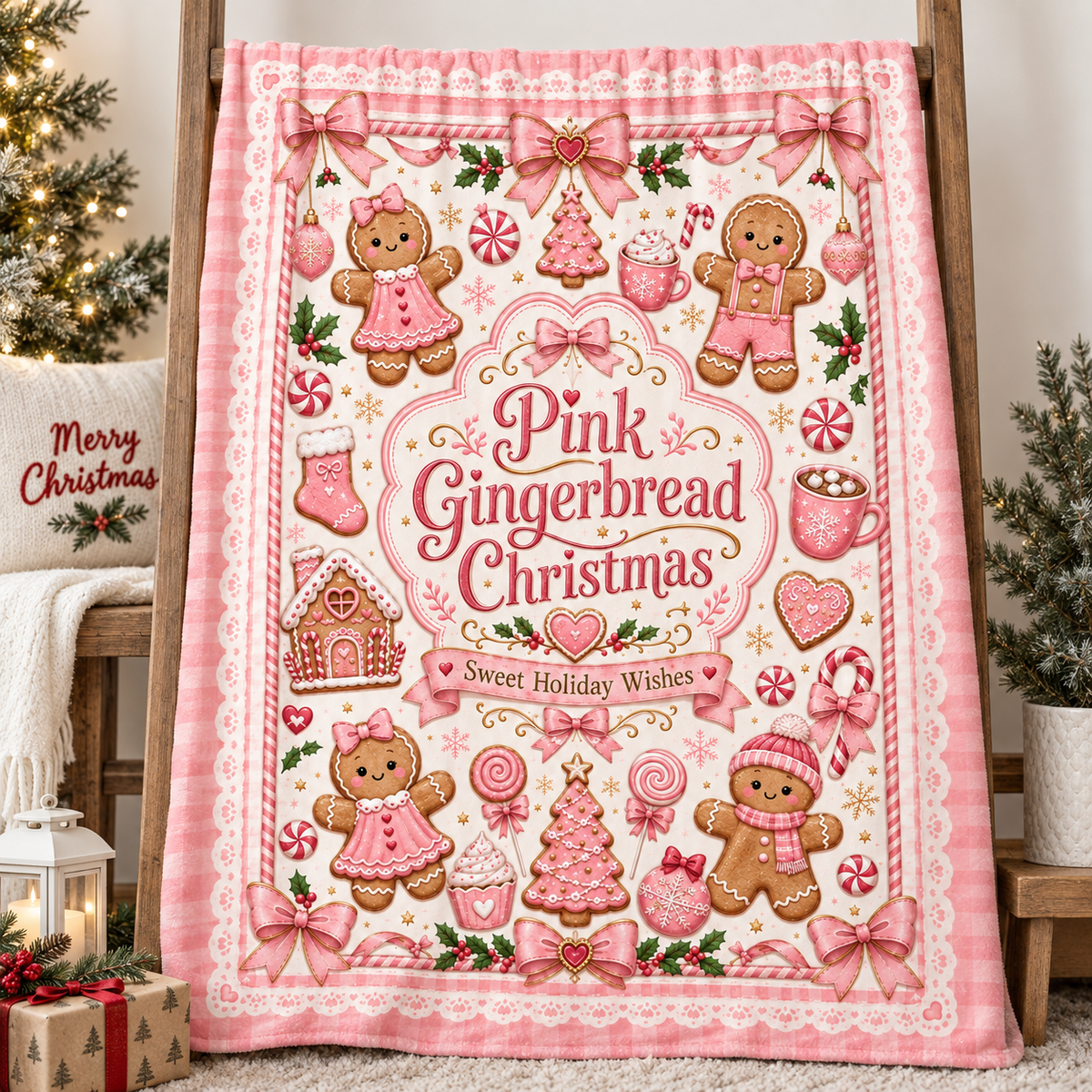 Pink Gingerbread Christmas Blanket, Cute Coquette Holiday Throw Blanket, Pink Christmas Fleece Blanket