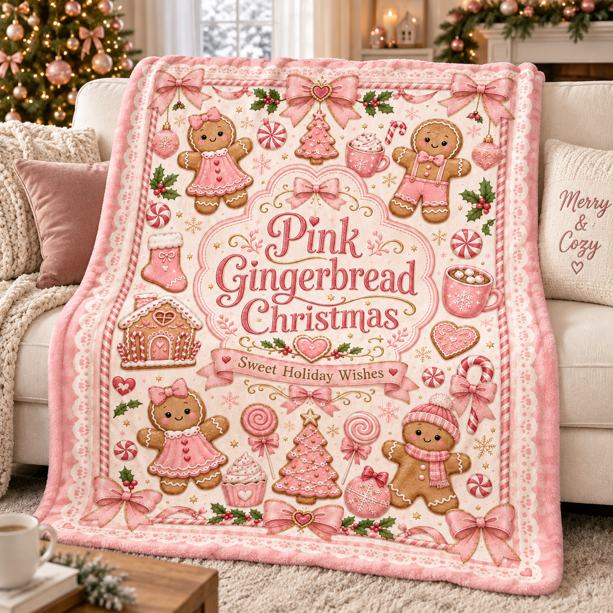Pink Gingerbread Christmas Blanket, Cute Coquette Holiday Throw Blanket, Pink Christmas Fleece Blanket