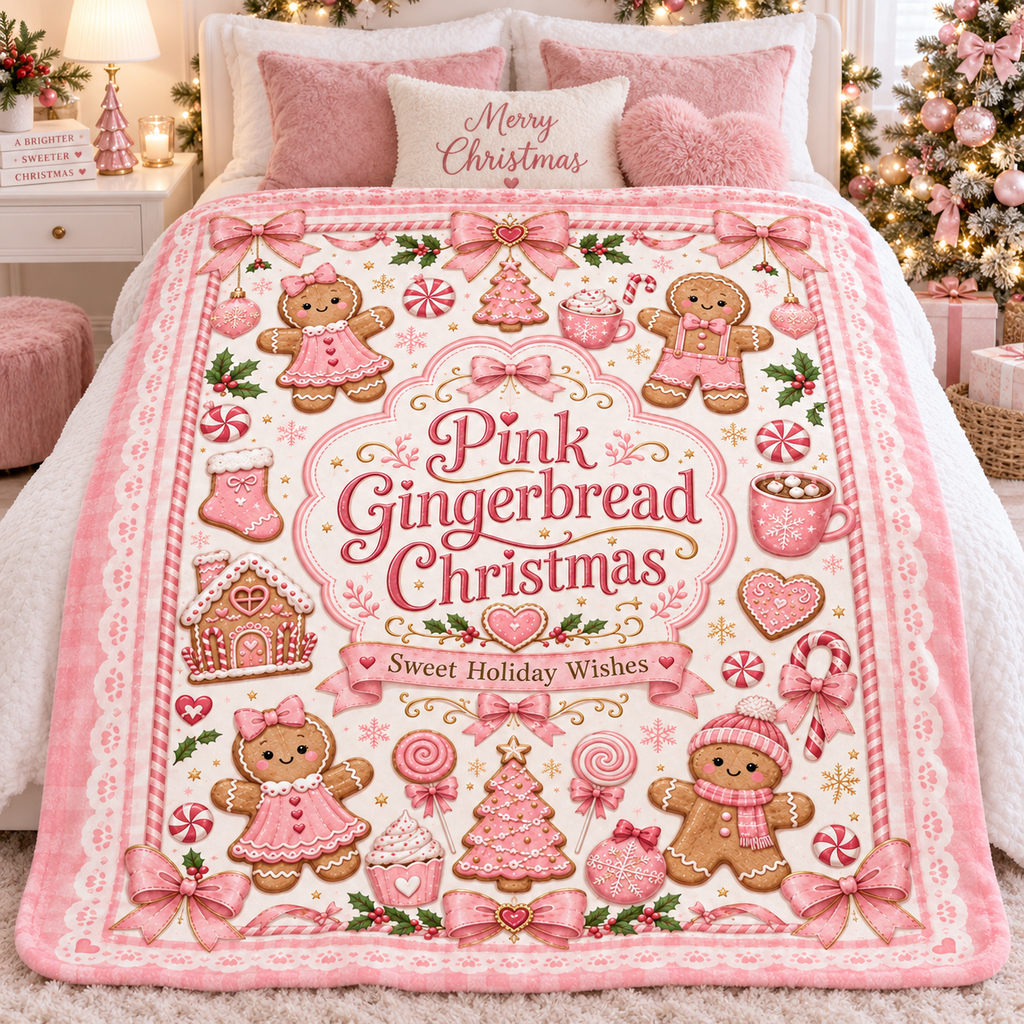 Pink Gingerbread Christmas Blanket, Cute Coquette Holiday Throw Blanket, Pink Christmas Fleece Blanket