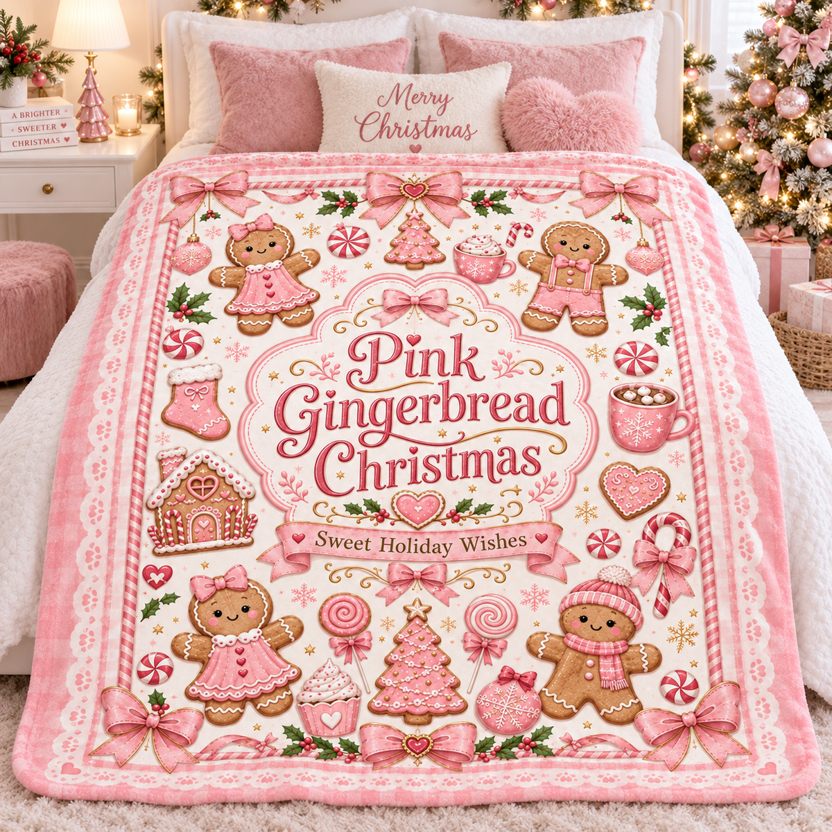 Pink Gingerbread Christmas Blanket, Cute Coquette Holiday Throw Blanket, Pink Christmas Fleece Blanket