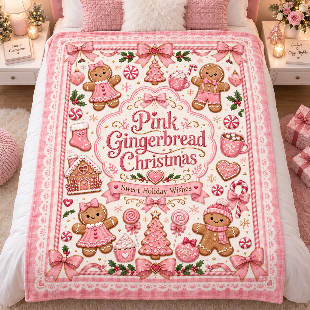 Pink Gingerbread Christmas Blanket, Cute Coquette Holiday Throw Blanket, Pink Christmas Fleece Blanket