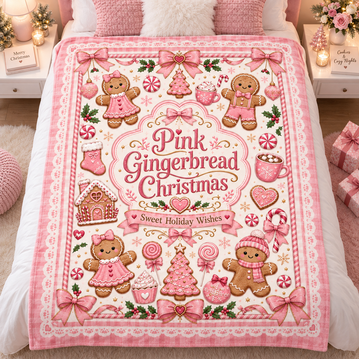 Pink Gingerbread Christmas Blanket, Cute Coquette Holiday Throw Blanket, Pink Christmas Fleece Blanket