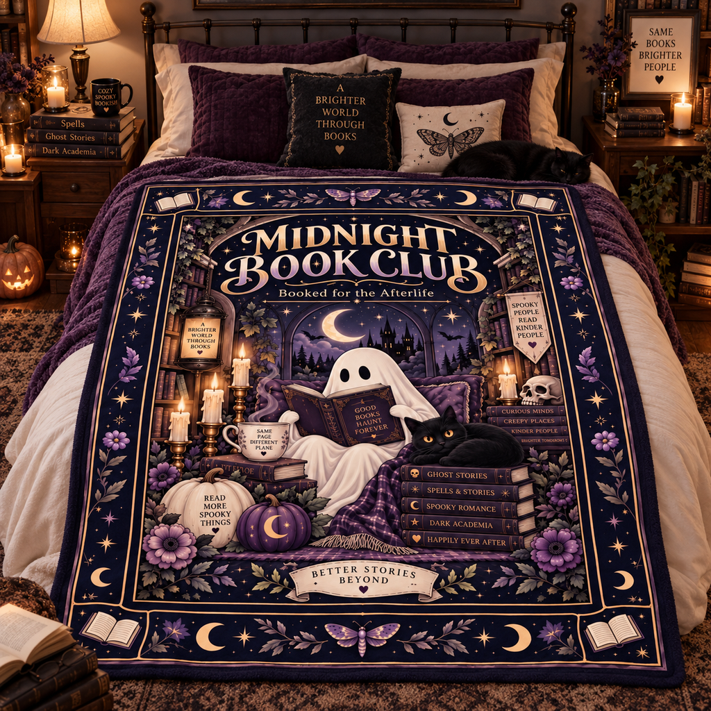 Midnight Book Club Ghost Blanket, Booked for the Afterlife Bookish Halloween Throw, Dark Academia Reading Blanket, Spooky Book Lover Gift