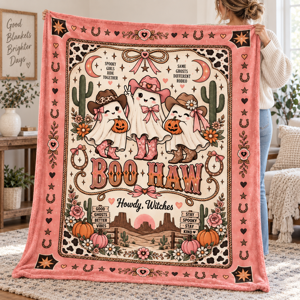 Boo Haw Cowgirl Ghost Halloween Blanket, Pink Western Spooky Throw, Cute Cowgirl Halloween Gift