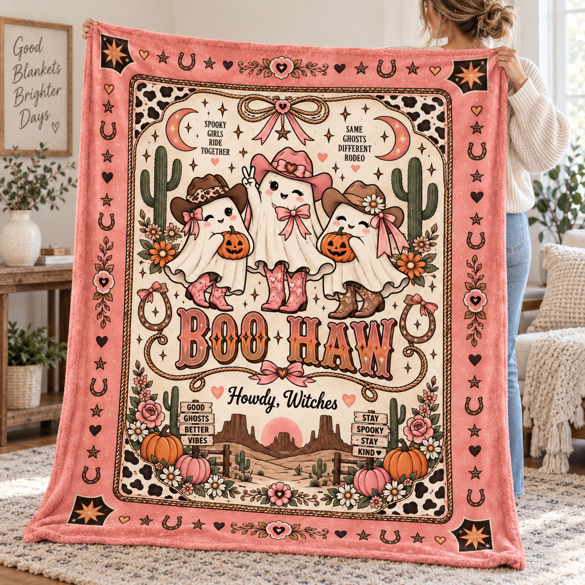 Boo Haw Cowgirl Ghost Halloween Blanket, Pink Western Spooky Throw, Cute Cowgirl Halloween Gift