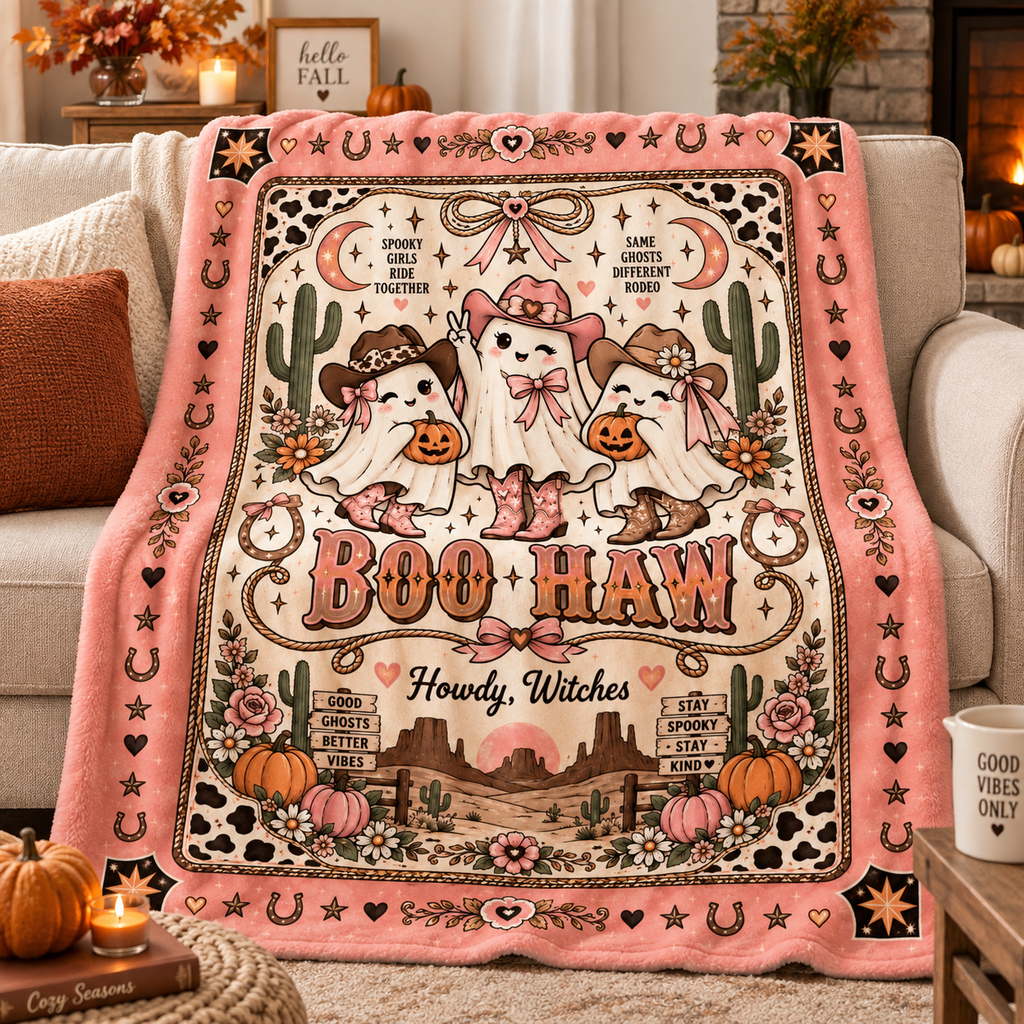 Boo Haw Cowgirl Ghost Halloween Blanket, Pink Western Spooky Throw, Cute Cowgirl Halloween Gift