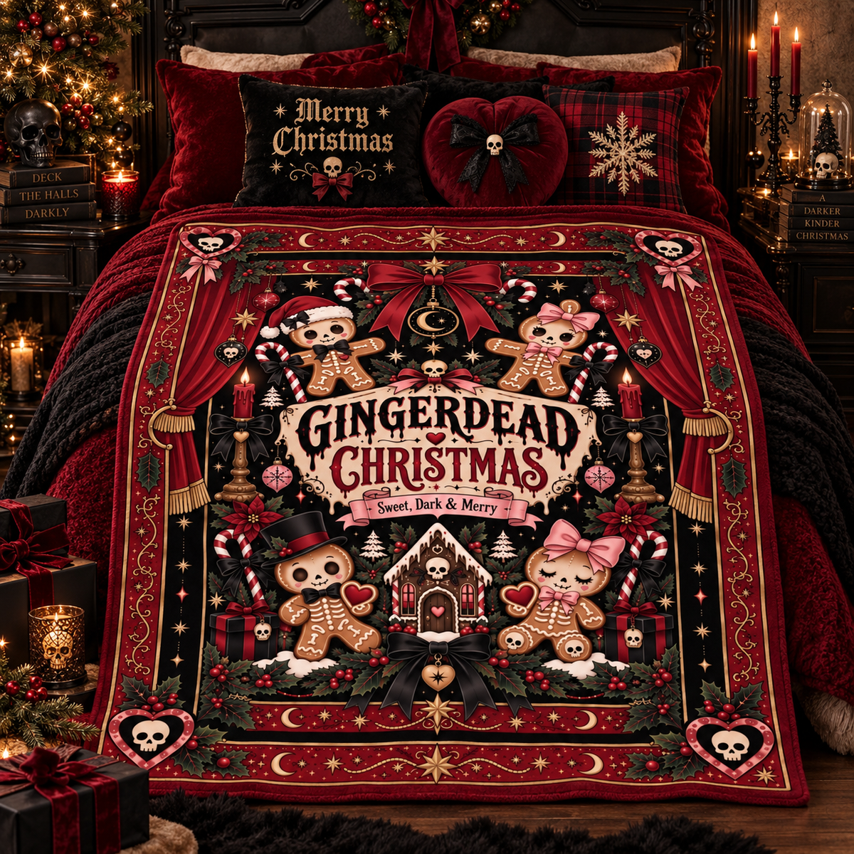 Gothic Gingerbread Christmas Blanket, Spooky Dark Holiday Throw, Gingerdead Christmas Blanket, Alternative Christmas Gift