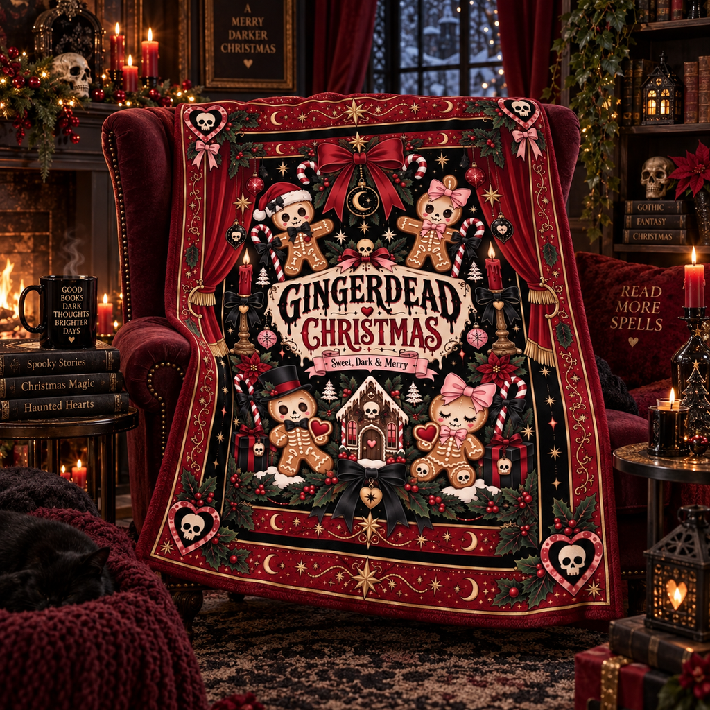 Gothic Gingerbread Christmas Blanket, Spooky Dark Holiday Throw, Gingerdead Christmas Blanket, Alternative Christmas Gift