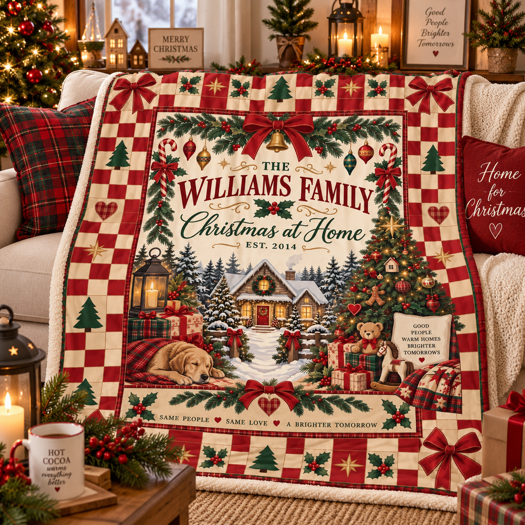Personalized Family Christmas Blanket, Custom Family Name Christmas at Home Throw, Vintage Red Checkerboard Holiday Blanket, Family Christmas Gift