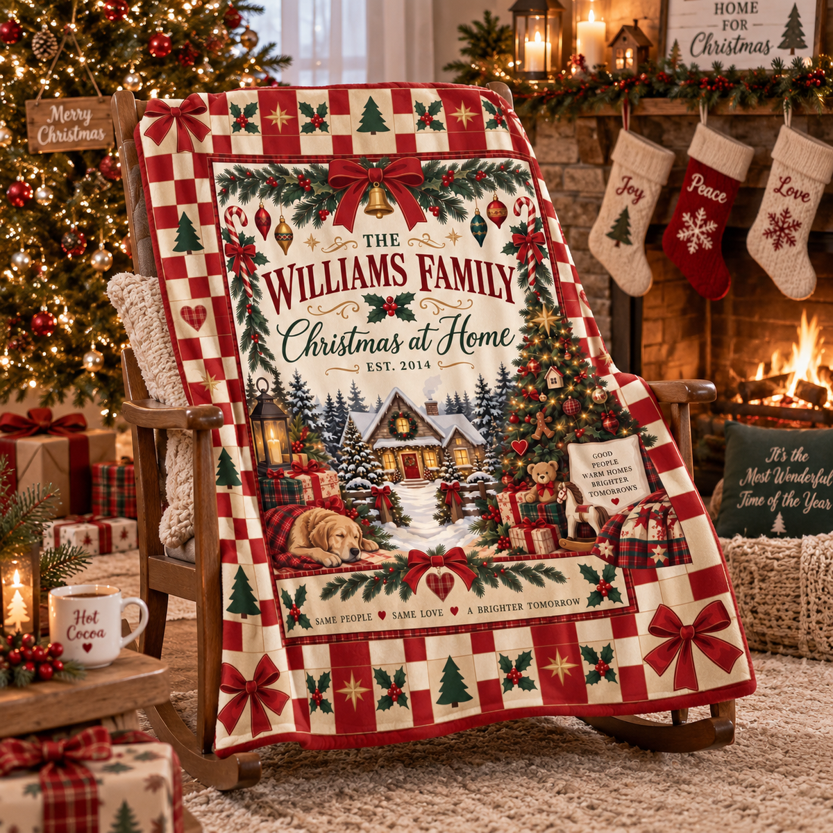 Personalized Family Christmas Blanket, Custom Family Name Christmas at Home Throw, Vintage Red Checkerboard Holiday Blanket, Family Christmas Gift