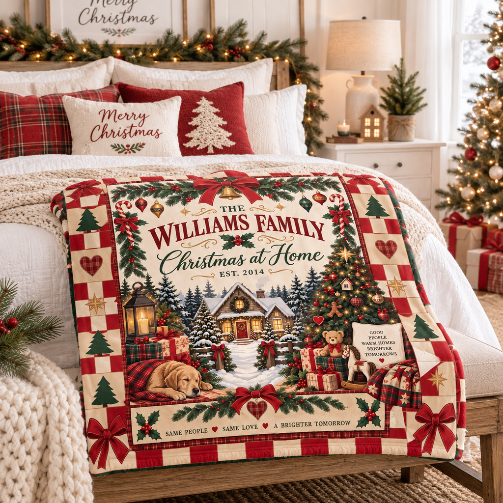 Personalized Family Christmas Blanket, Custom Family Name Christmas at Home Throw, Vintage Red Checkerboard Holiday Blanket, Family Christmas Gift