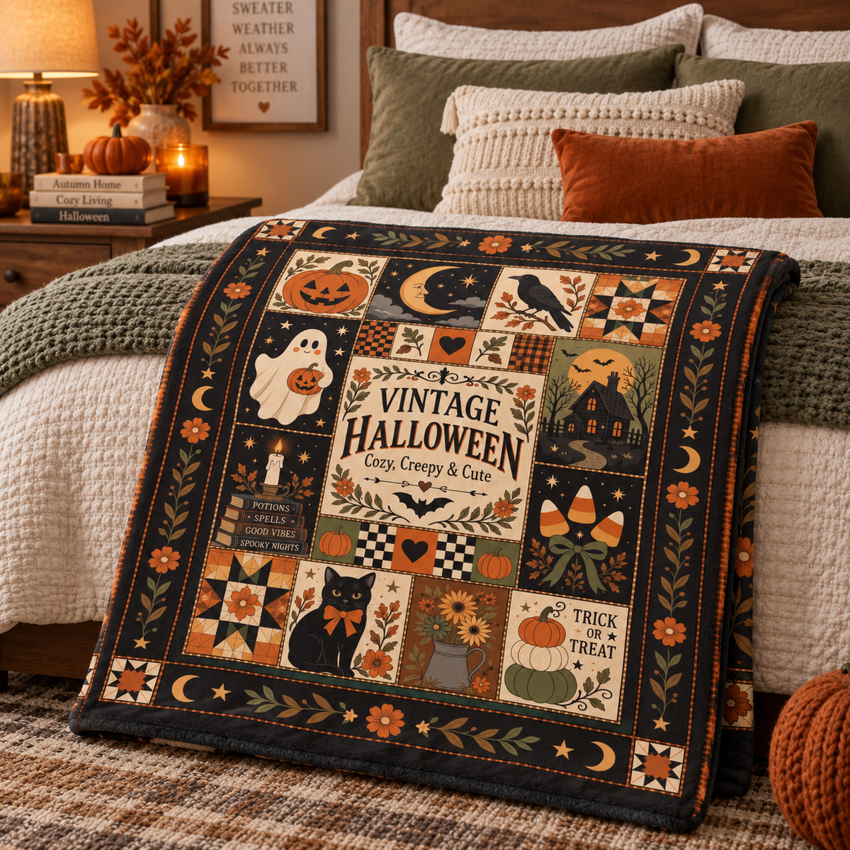 Vintage Halloween Blanket, Patchwork Halloween Throw Blanket, Black Cat Ghost Pumpkin Quilt, Cozy Creepy Cute Halloween Decor