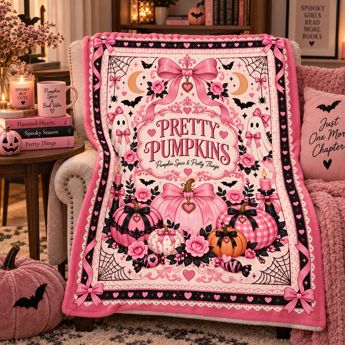Pink Pumpkin Halloween Blanket, Pretty Pumpkins Coquette Throw Blanket, Pumpkin Spice & Pretty Things, Girly Spooky Fall Decor