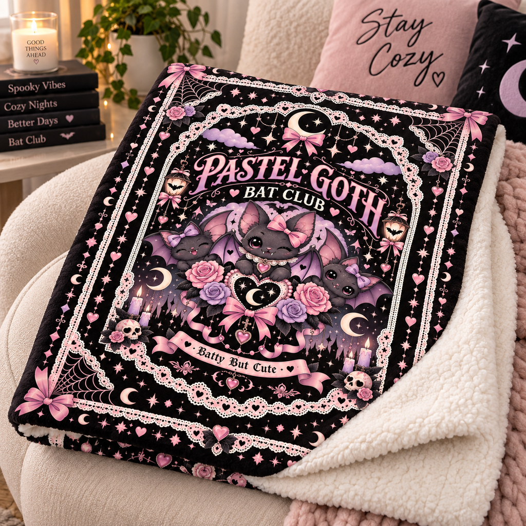 Pastel Goth Bat Halloween Blanket, Batty But Cute Pink Gothic Throw, Coquette Bat Blanket